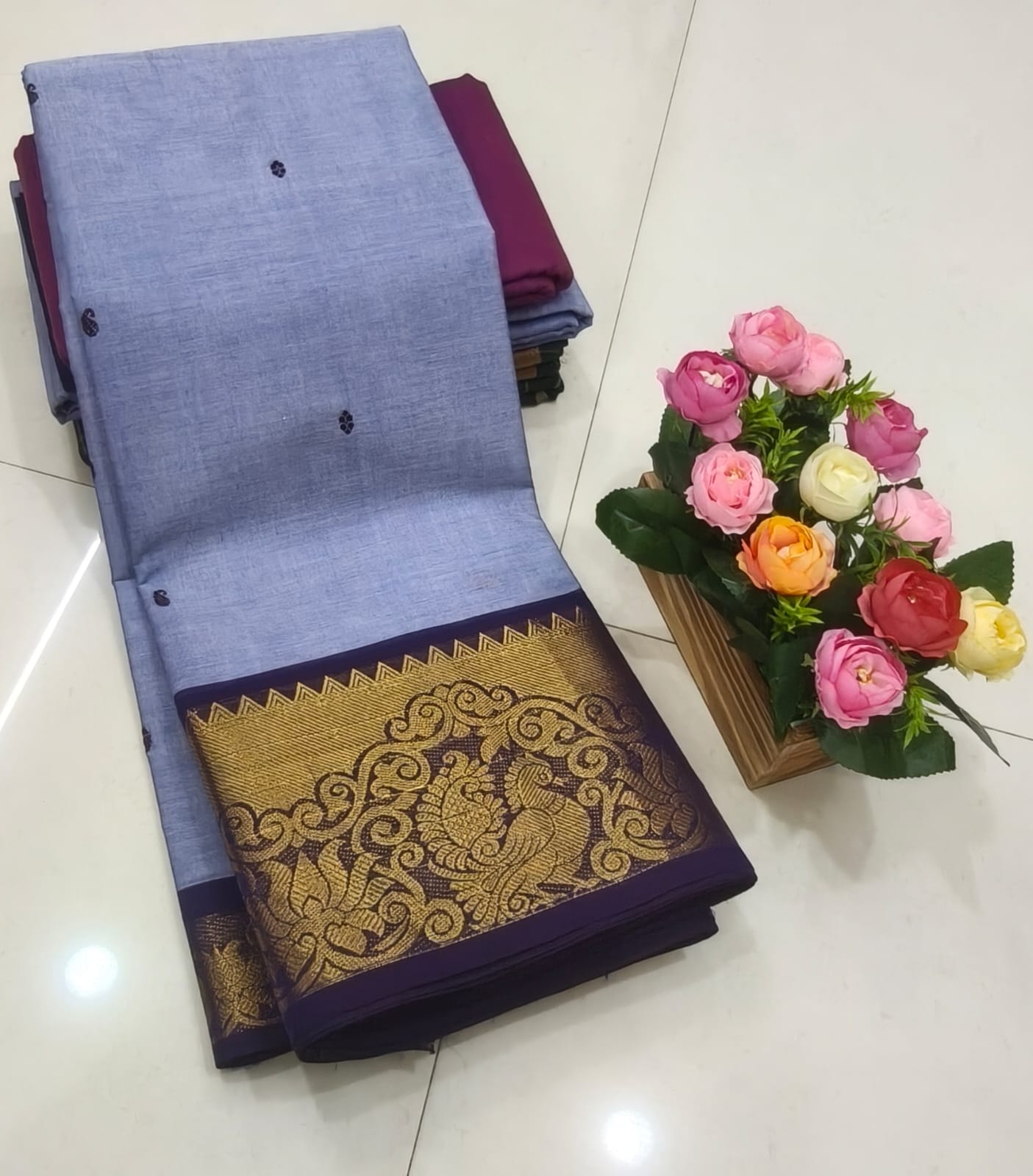 Lavender Blue Kanchi Cotton Saree with Ornamental Paisley Border